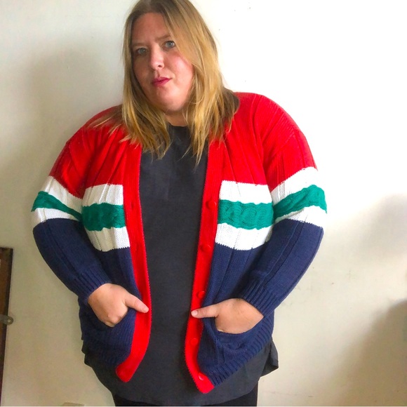 Vintage Plus Size Cotton Striped Cardigan Sweater 3X - Picture 1 of 6